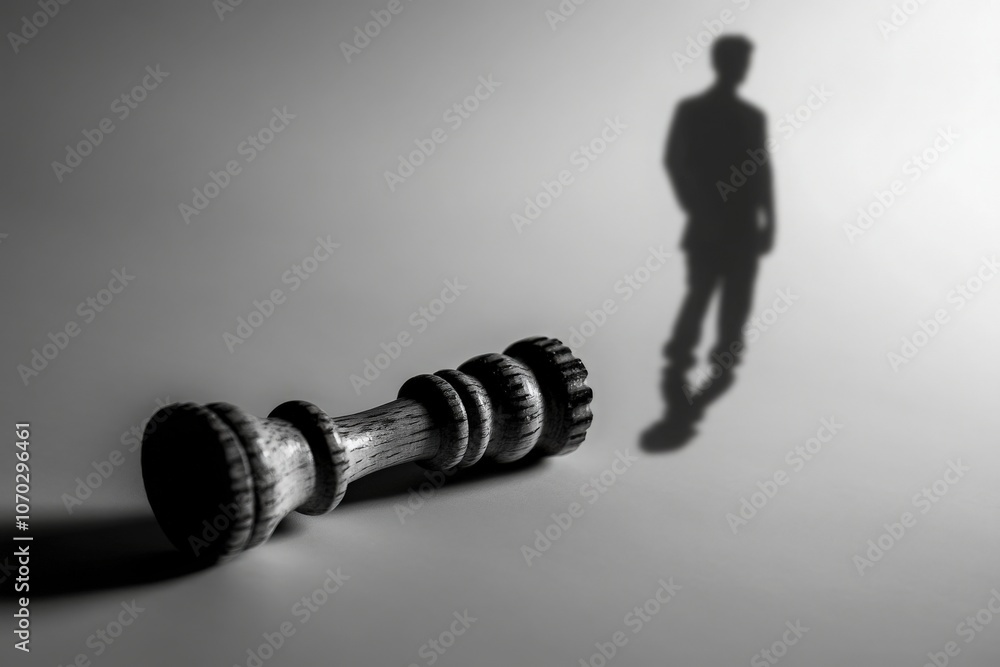 A king chess piece lies on its side, its shadow creating the silhouette of a lone figure, evoking thoughts of defeat and strategy in quiet contemplation.