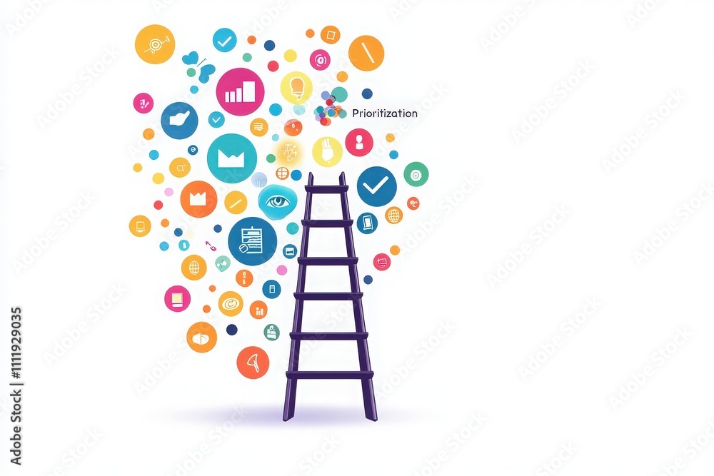A ladder reaches upward towards a vibrant assortment of icons that symbolize various tasks and priorities, illustrating the concept of organization and focus in a dynamic way.