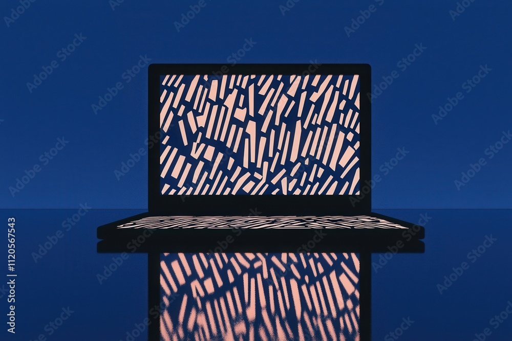 A laptop is illuminated by a striking abstract pattern on its screen, contrasting against a deep blue background. The sleek design reflects subtly on the smooth surface below.