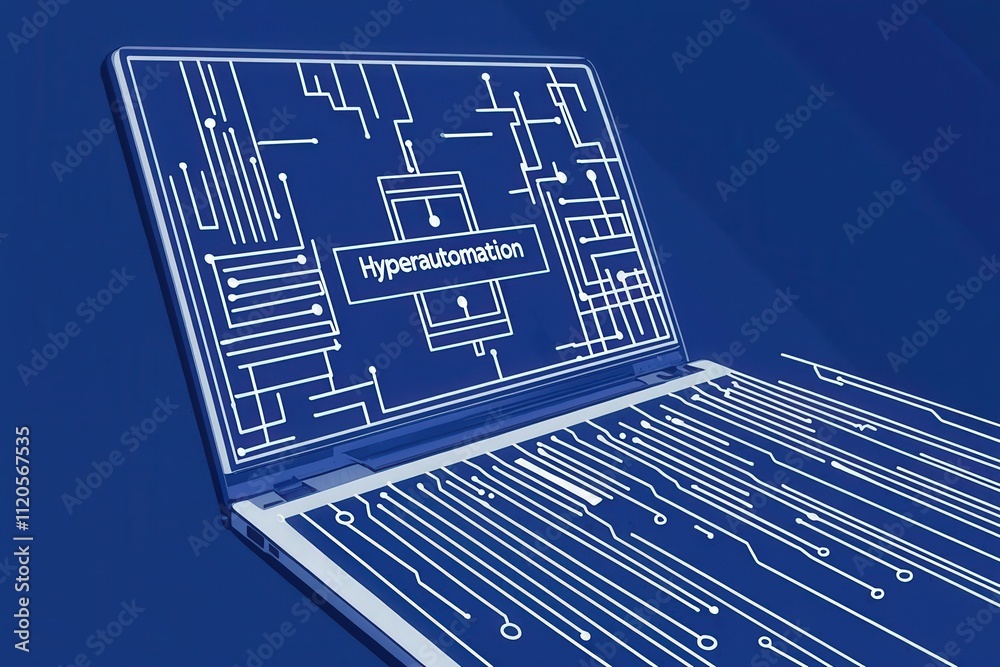 A laptop is open, showcasing the word hyperautomation against a vivid blue background with intricate circuit designs. This visual emphasizes technology and automations growing role.