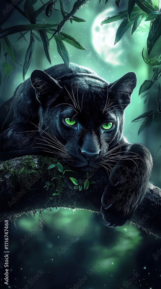A large black panther lounges gracefully on a tree branch, illuminated by soft moonlight. Its striking green eyes gaze intently into the dense, vibrant jungle foliage surrounding it.