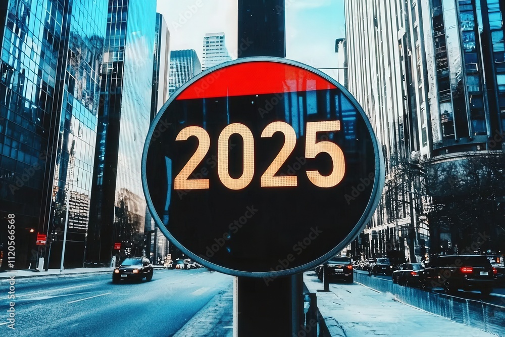 A large digital countdown display shows the year 2025 against a backdrop of modern skyscrapers. Cars pass by on the bustling city street on a clear day.