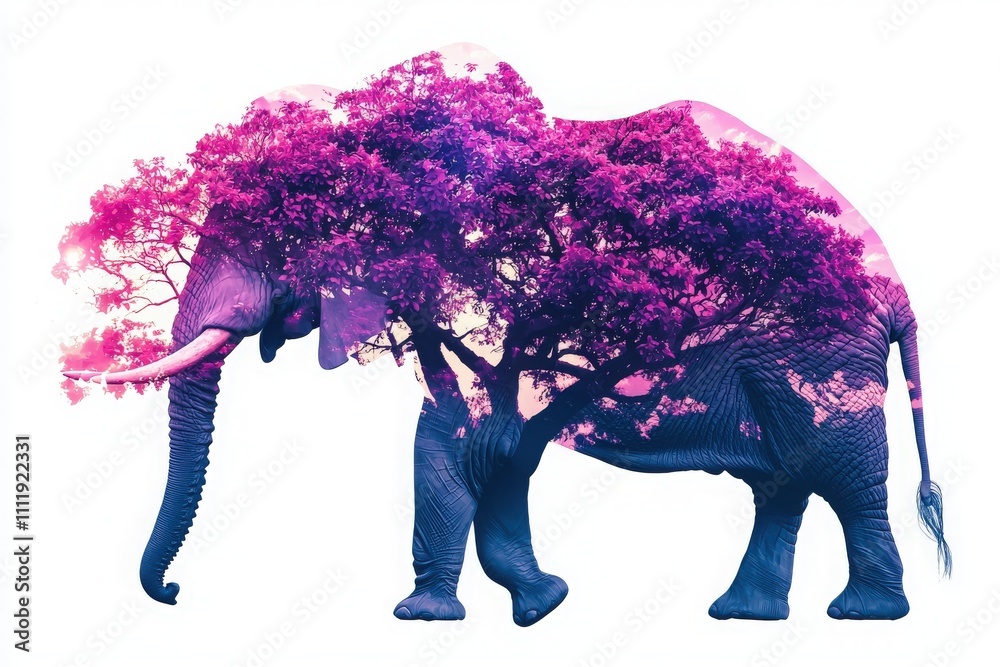 A large elephant silhouette showcases an intricate design filled with vibrant pink and purple trees. The sun sets in the background, creating a stunning contrast in this artistic display.