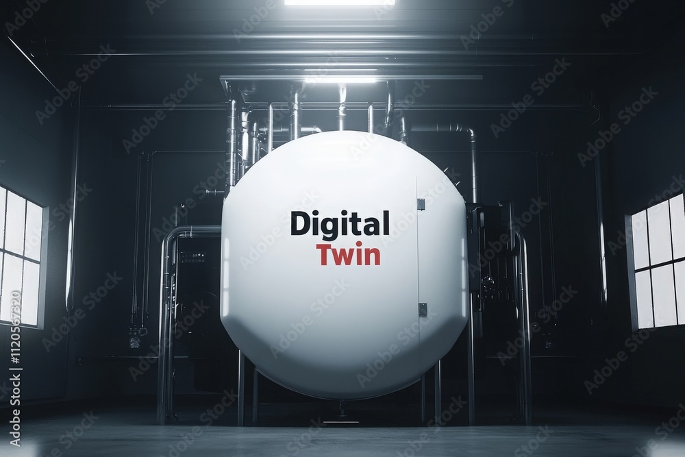 A large, futuristic sphere labeled Digital Twin stands in a dimly lit industrial environment, showcasing advanced technology in a modern context, emphasizing innovation in digital representation.