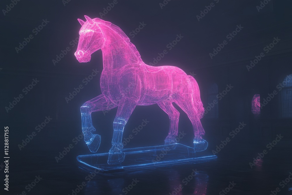 A large illuminated horse sculpture glows in pink and blue hues, captured at night in a foggy setting. The mystique of the design creates an enchanting atmosphere around it.