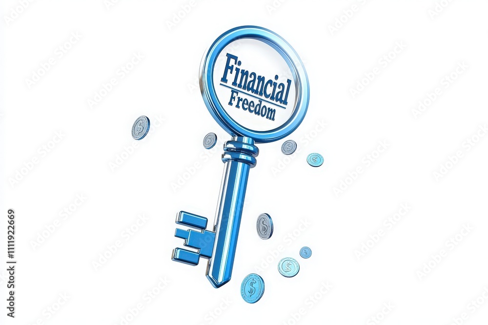 A large key labeled financial freedom stands prominently, surrounded by floating dollar coins. This representation symbolizes the journey to financial independence and success.