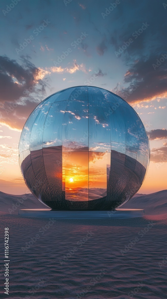 A large reflective orb stands in a quiet desert, mirroring the vibrant sunset. The sky transitions from blue to warm shades, creating a serene atmosphere as shadows lengthen.