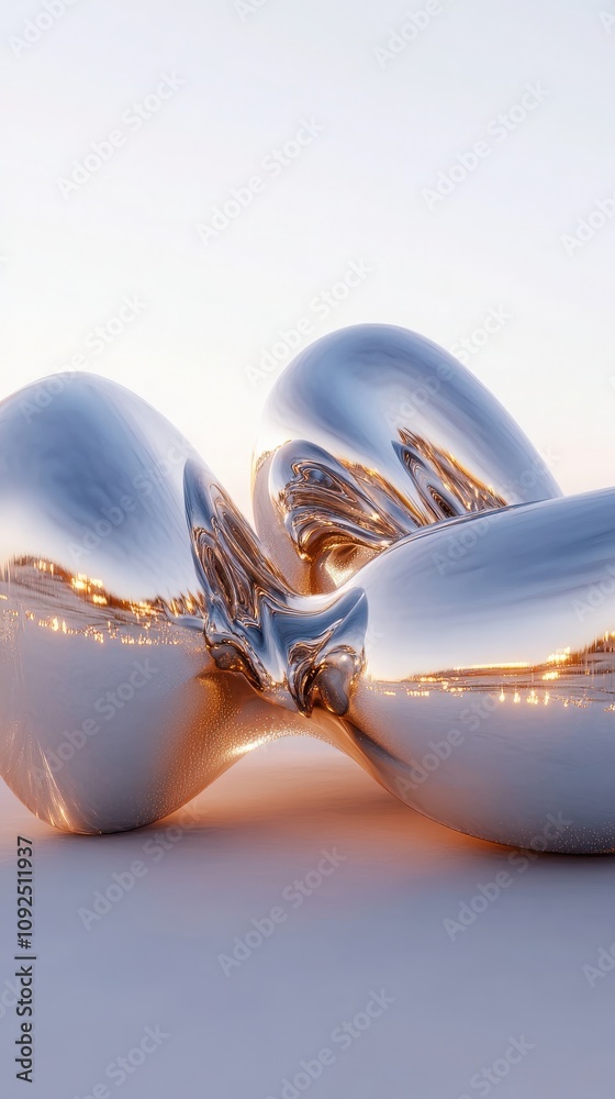 A large, reflective sculpture gracefully curves and merges, capturing the colors of the sunset and surrounding landscape.