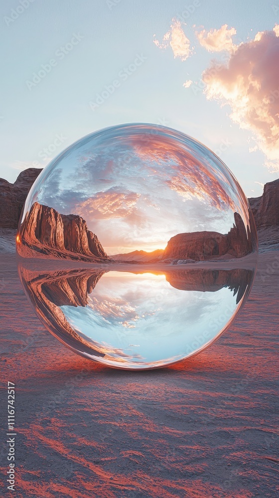 A large reflective sphere sits on desert sand, mirroring a vibrant sunset. The surrounding rocky formations and cloudy sky create a stunning visual contrast at dusk.