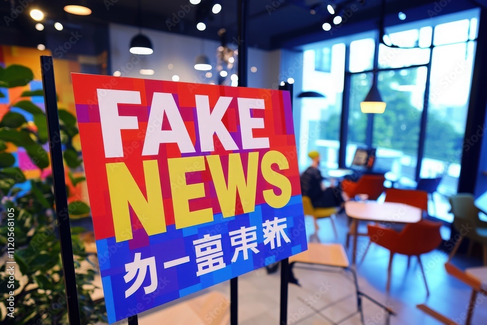 A large sign highlighting fake news stands prominently in a contemporary cafe. Colorful chairs and bright decor enhance the atmosphere, with patrons engaged in conversation in the background.