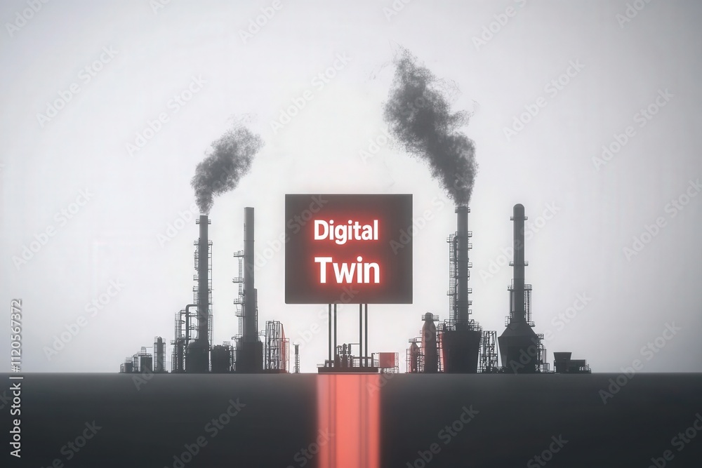A large sign reading Digital Twin stands prominently at an industrial facility. Smokestacks release smoke against a gray sky, highlighting an advanced technology theme in a polluted backdrop.