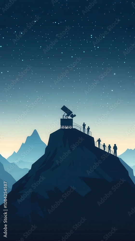 A large telescope is positioned on a mountaintop observatory while excited stargazers admire the night sky filled with stars. The tranquil landscape creates a serene atmosphere for exploration.