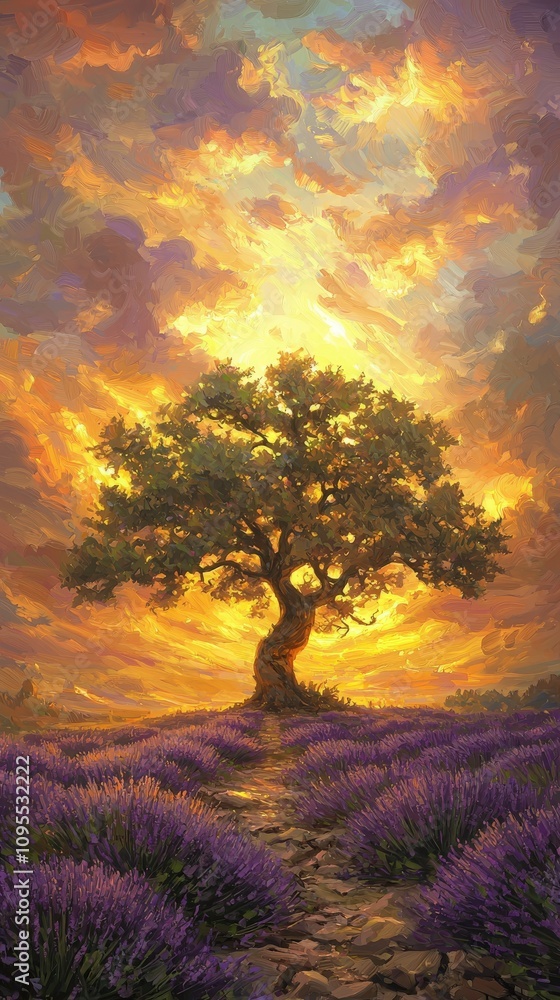 A large tree stands tall against a breathtaking sunset, with warm hues of orange and yellow illuminating the sky. Lavender flowers carpet the ground, creating a serene atmosphere.