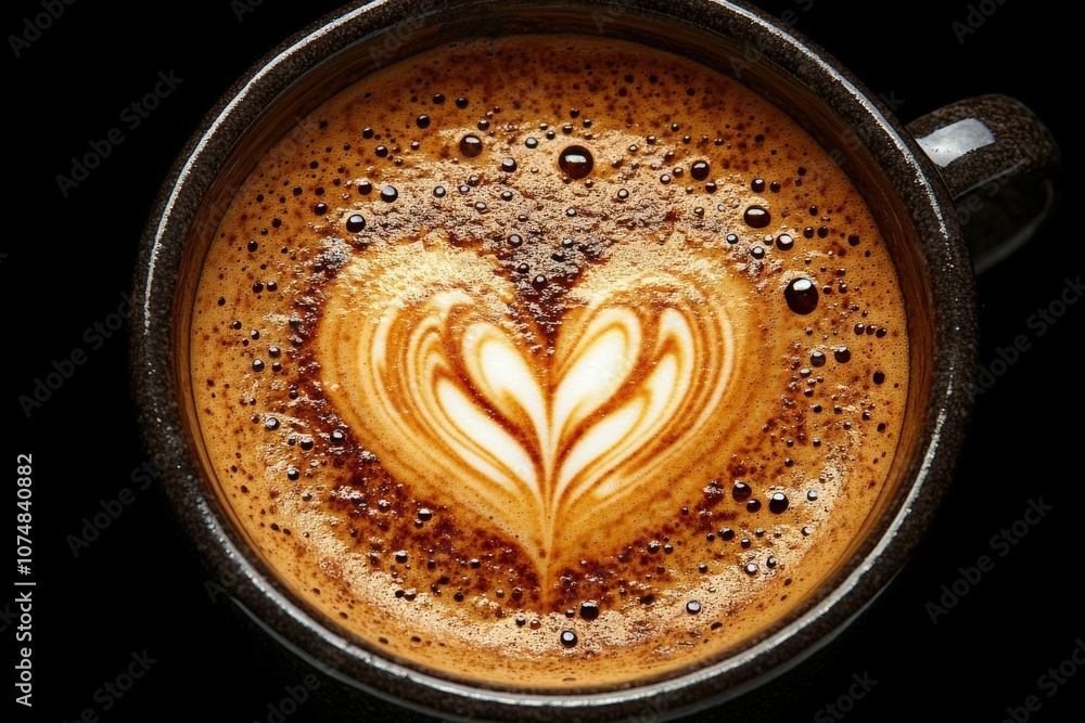 A latte features a delicate heart design made with foam, showcased against a rich, coffee-colored backdrop. The art adds warmth and charm, inviting coffee lovers to enjoy a moment of delight.