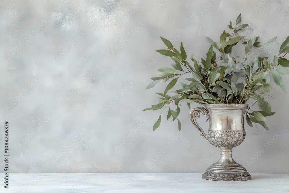A laurel wreath is elegantly arranged beside a small trophy, both resting on a smooth grey surface. The peaceful atmosphere evokes a sense of achievement and celebration.