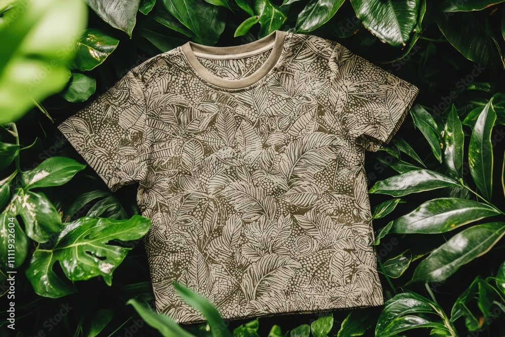 A leaf patterned t-shirt is spread out on a bed of vibrant green foliage. The natural environment highlights the shirts earthy tones and intricate leaf design, creating a calming atmosphere.