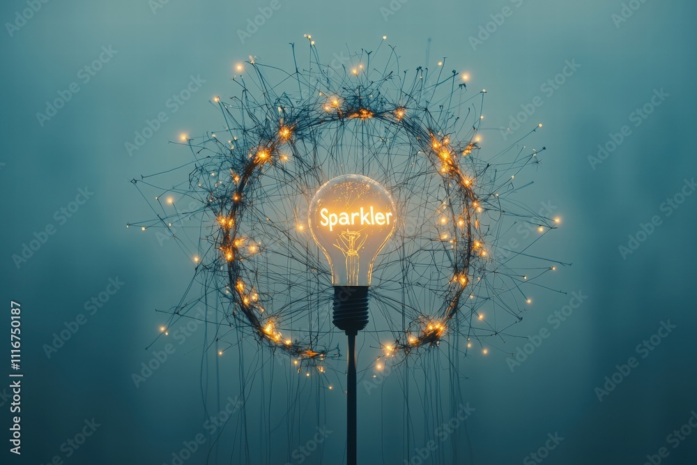 A light bulb labeled Sparkler emits a warm glow, encircled by a halo of twinkling sparks against a soft blue background.