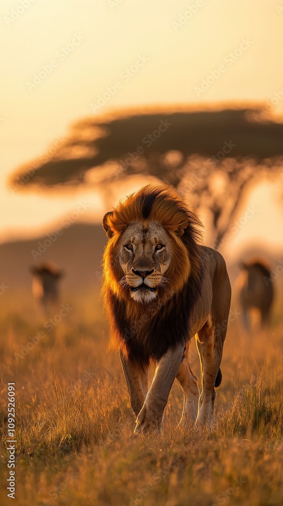 A lion confidently strides across the golden savanna as the sun sets, casting a warm glow. In the distance, other lions can be seen, highlighting the prides presence in this natural habitat.