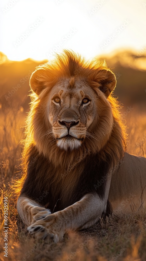 A lion rests serenely in tall grass as the sun sets, illuminating its golden mane and strong features. The scene captures the beauty of nature in the African savanna at dusk.