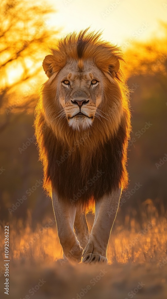 A lion strides confidently across the golden savannah as the sun sets, casting a warm glow on its magnificent mane. The beauty of the wilderness highlights the lions strength and dignity.