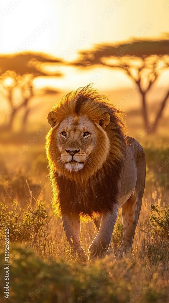 A lion strides through the tall grass of an African savanna during sunset, its mane illuminated by golden light. Surrounding acacia trees create a tranquil backdrop, enhancing the scenes beauty.