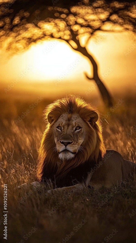 A lion with a thick mane rests calmly in tall grass as the sun sets behind him, casting a warm, golden glow over the savanna landscape. The tranquil moment captures the beauty of wildlife.