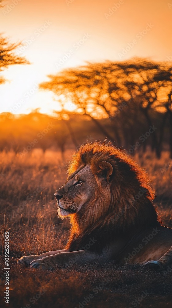A lion with a thick mane rests calmly in tall grass as the sun sets, casting a warm golden glow over the savannah landscape dotted with silhouette trees.