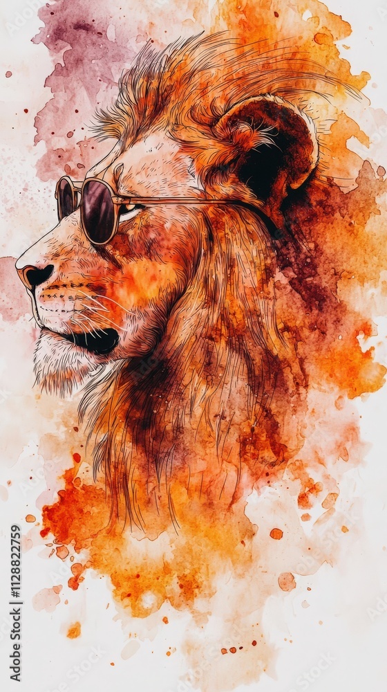 A lion with sunglasses gazes confidently to the side, surrounded by vibrant orange and purple splashes of color that create a striking visual effect.