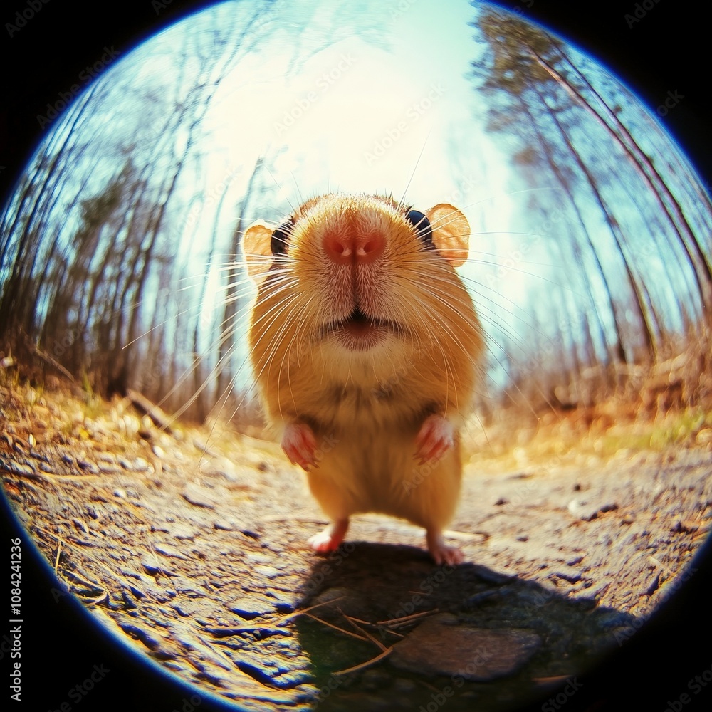 A little hamster moves slowly along a forest path, surrounded by tall trees and soft sunlight. Its tiny paws explore the ground as it curiously sniffs the air, showcasing its adorable features.