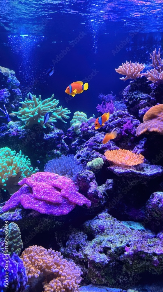 A lively coral reef aquarium filled with a variety of colorful corals and fish, creating a stunning underwater environment. The bubbles rise gently, adding to the serene atmosphere.