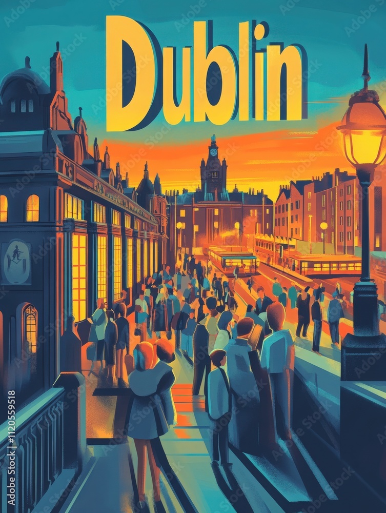 A lively crowd enjoys the colorful sunset in Dublin. Historic buildings line the street, illuminated by streetlamps, capturing the essence of the citys bustling atmosphere.
