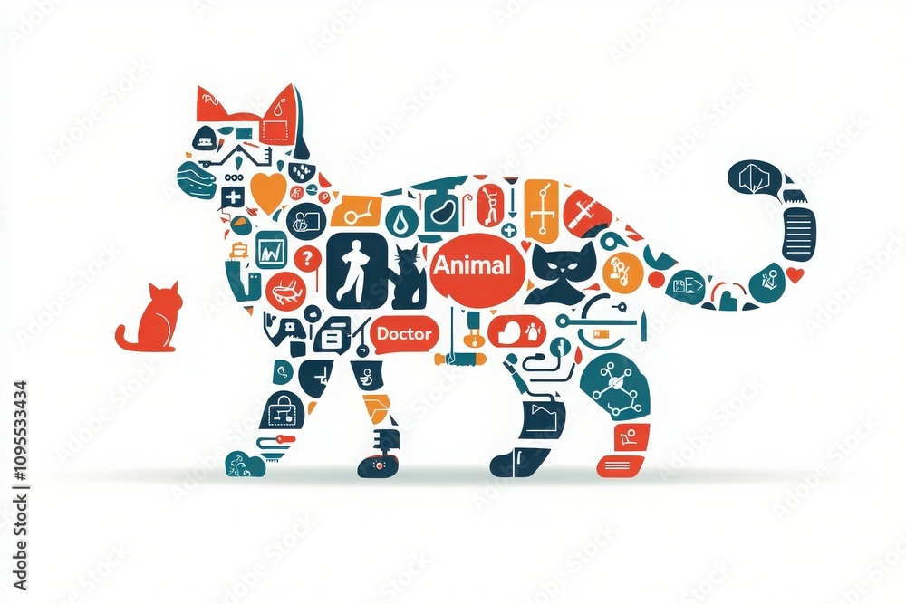 A lively design features a cat silhouette filled with various veterinary symbols and icons, representing animal health and care. A smaller cat is positioned nearby, emphasizing companionship.