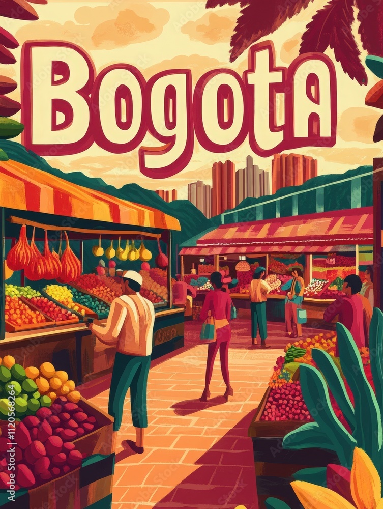 A lively market in Bogota filled with fresh fruits and engaged shoppers. Stalls are brimming with colorful produce, reflecting the communitys vibrant culture and daily life in the city.