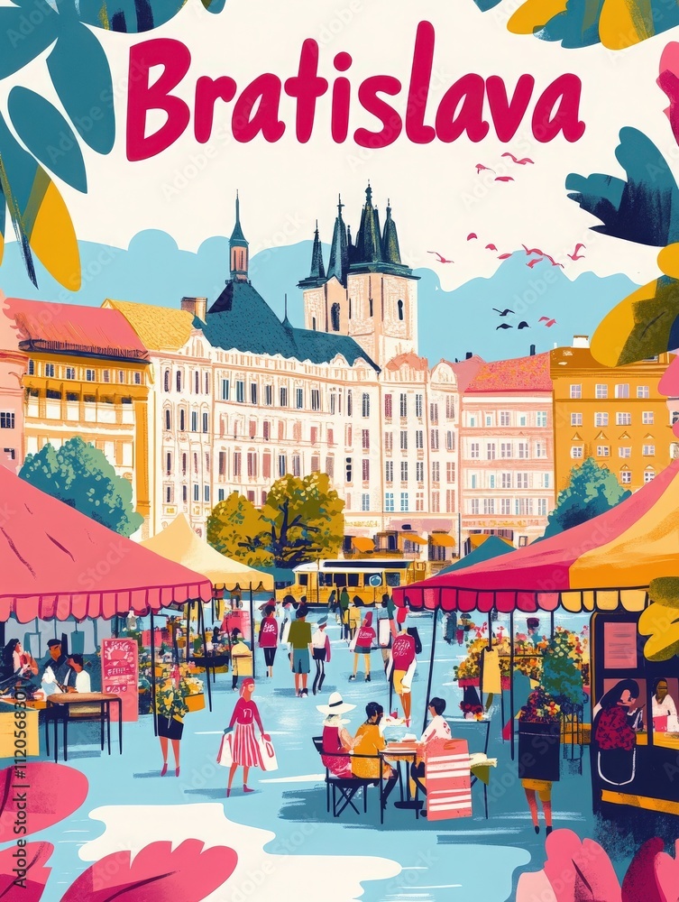 A lively market in Bratislava features vendors and visitors amid colorful stalls. People are buying fresh produce and enjoying the atmosphere on a sunny day in the city.