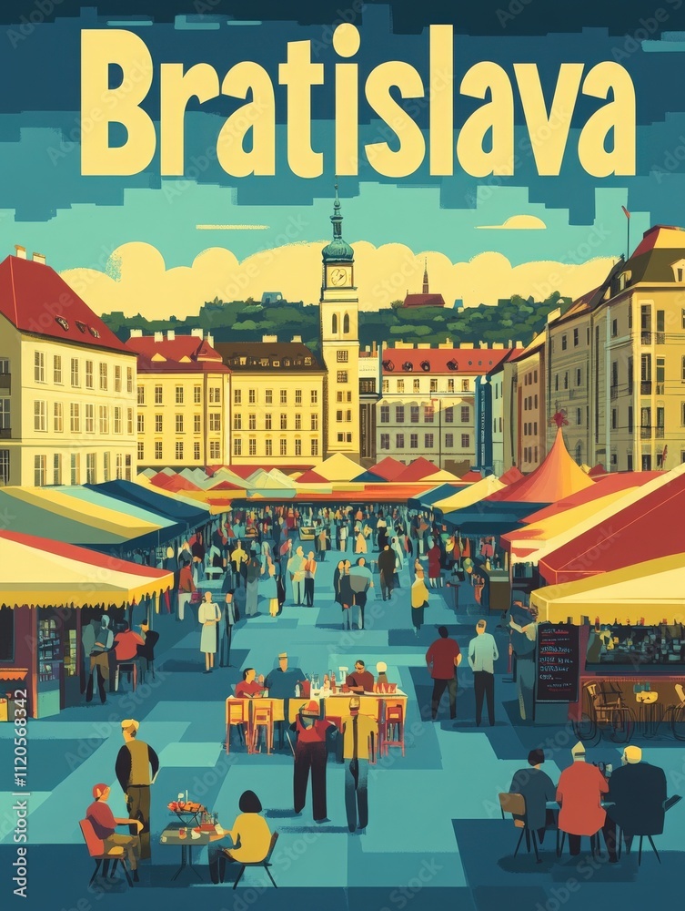 A lively market in Bratislava features vibrant tents and stalls filled with people enjoying local foods and crafts. The historic clock tower stands proudly in the background, enhancing the atmosphere.
