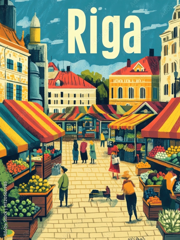 A lively market in Riga features brightly colored stalls filled with fresh produce. Local shoppers explore the vibrant atmosphere under a clear blue sky, enjoying the bustling environment.