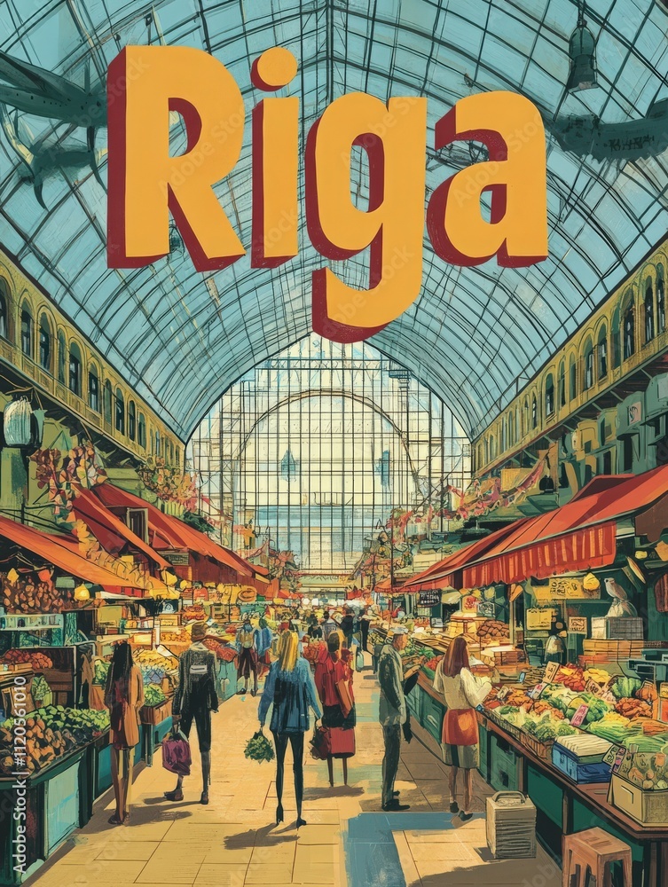 A lively market in Riga filled with colorful stalls displaying fresh fruits and vegetables. Shoppers stroll through the aisles, engaging with vendors and admiring the abundance of goods.
