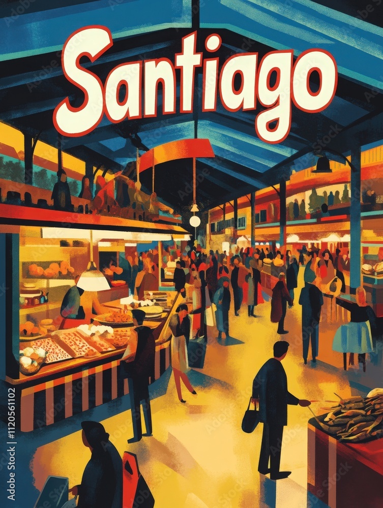 A lively market in Santiago showcases a variety of fresh fruits, vegetables, and artisanal goods. Shoppers explore vibrant stalls under a bright, colorful canopy, creating a bustling atmosphere.