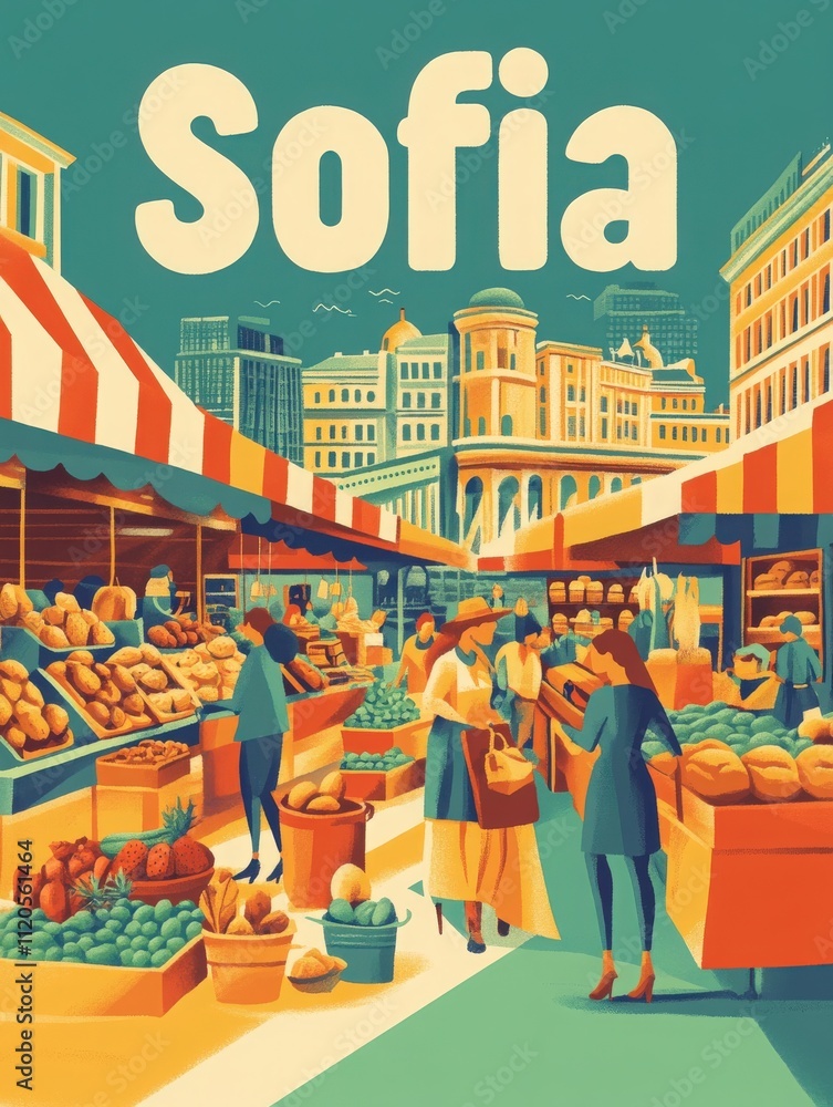 A lively market in Sofia bustling with shoppers and vendors. Colorful stalls display an array of fruits, vegetables, and baked goods, set against a backdrop of historic buildings.