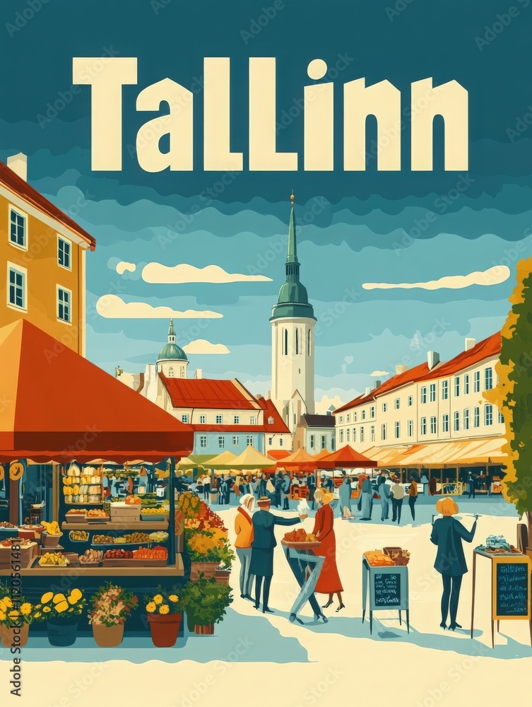 A lively market in Tallinn features stalls filled with fresh produce and flowers. Visitors enjoy the atmosphere with historic buildings and a towering spire in the background.