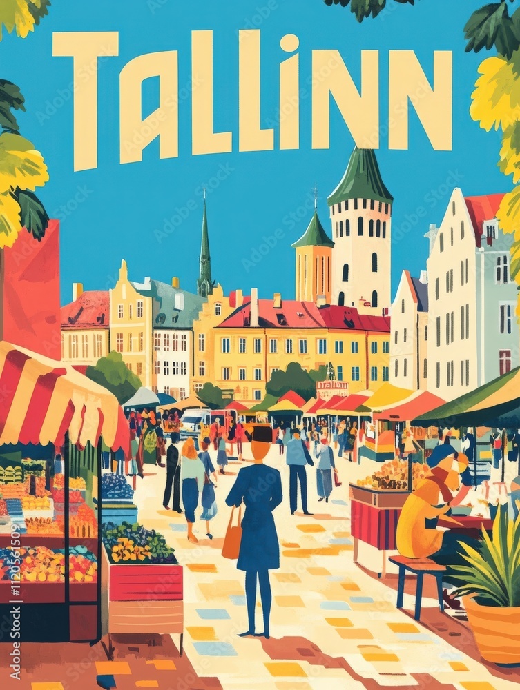 A lively marketplace in Tallinn features colorful stalls filled with fresh produce and handcrafted goods. People stroll and shop amid historic buildings and charming towers on a sunny day.