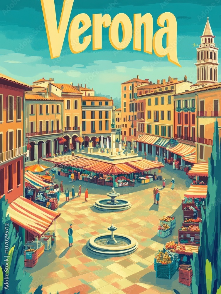 A lively square in Verona, featuring bustling markets under colorful awnings. The historic buildings and fountain create a picturesque backdrop for visitors enjoying local culture.