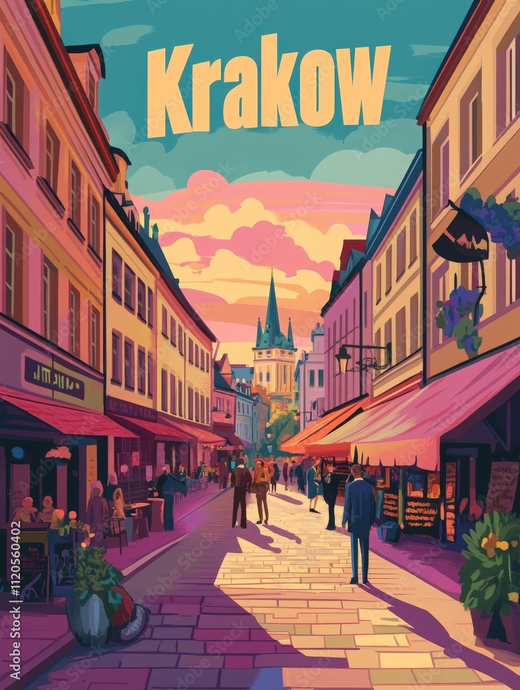 A lively street in Krakow features colorful buildings under a stunning sunset. People stroll along the cobblestone path, enjoying the vibrant atmosphere of this popular destination.