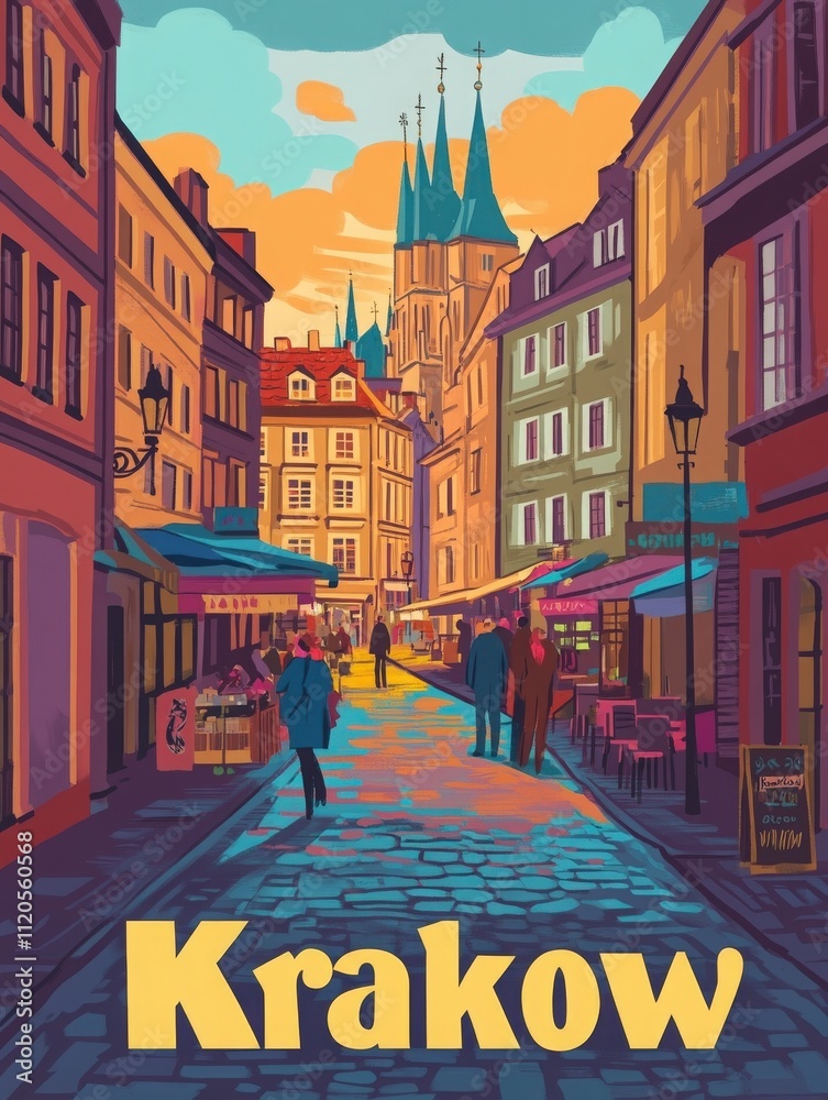 A lively street in Krakow features historic buildings bathed in warm light during sunset. People stroll past cafes and shops, creating a vibrant urban atmosphere filled with color.