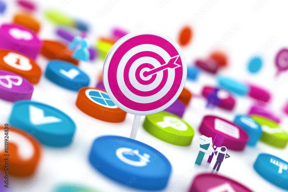A lively target icon with an arrow stands prominently on a digital platform filled with diverse app icons. This visual represents focus, goals, and digital engagement.