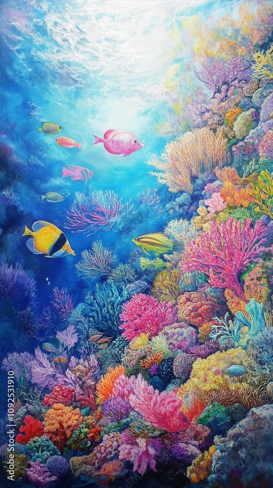 A lively underwater landscape reveals a variety of corals in vivid colors, with fish of multiple species gracefully swimming among them in a clear ocean. The sunlight filters through the water.