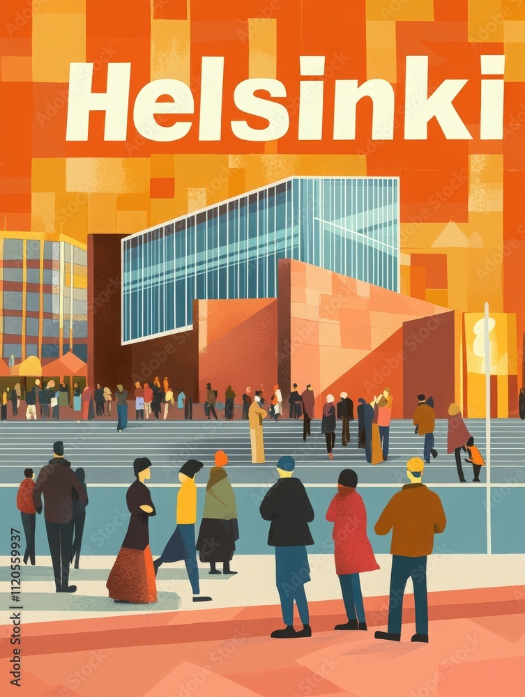A lively view of Helsinki featuring a crowd of people enjoying a sunny day near modern buildings. Colorful architecture creates an inviting atmosphere, perfect for social gatherings.