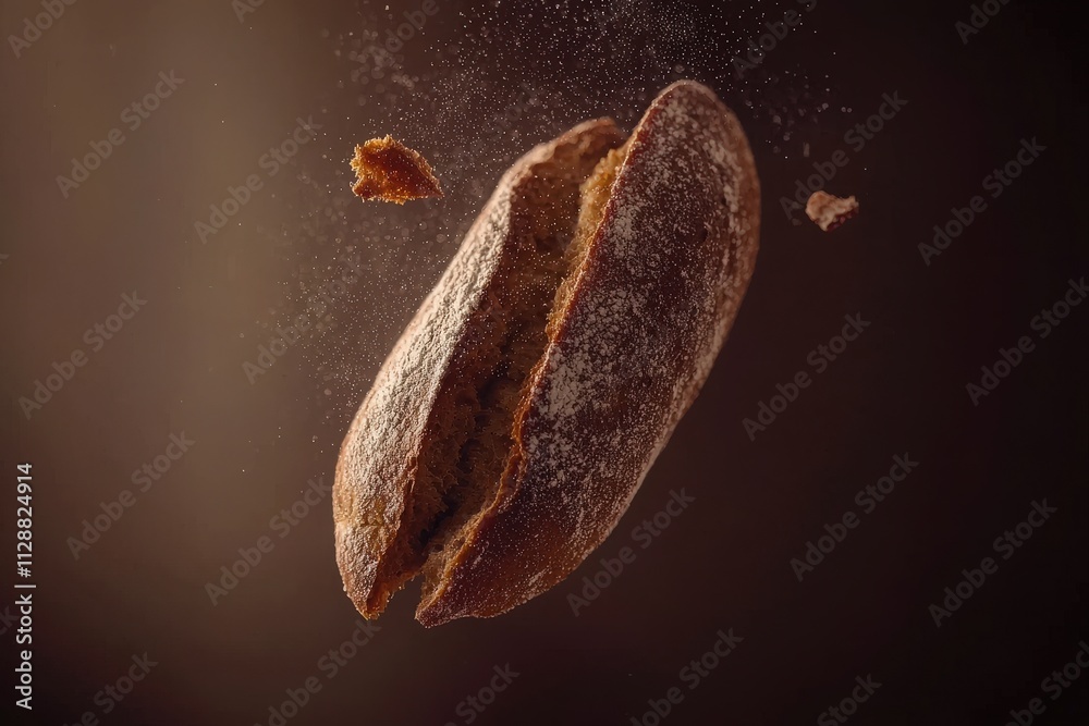 A loaf of rustic bread is caught mid-split, showcasing its fluffy interior and crusty exterior. Flakes of crust float around in soft lighting, emphasizing the breads fresh appeal.