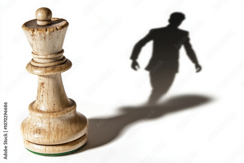 A lone king chess piece rests on its side, casting an intriguing shadow that mimics a person walking. This composition evokes themes of strategy and solitude, inviting contemplation.