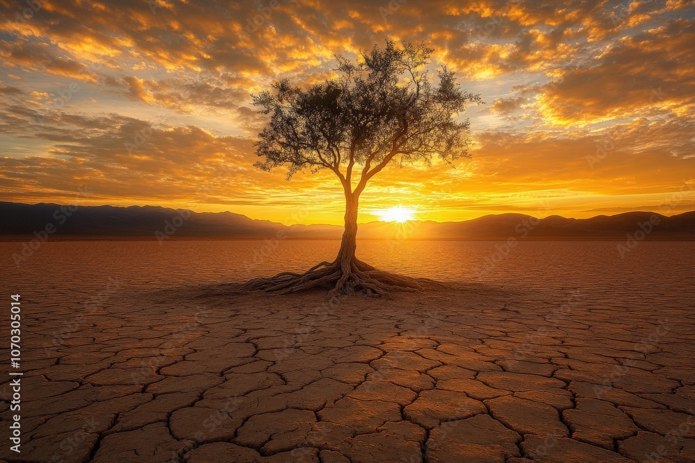 A lone tree emerges from cracked earth, defying the harsh desert environment as the sun sets, casting warm, golden hues across the sky and illuminating the rugged terrain.